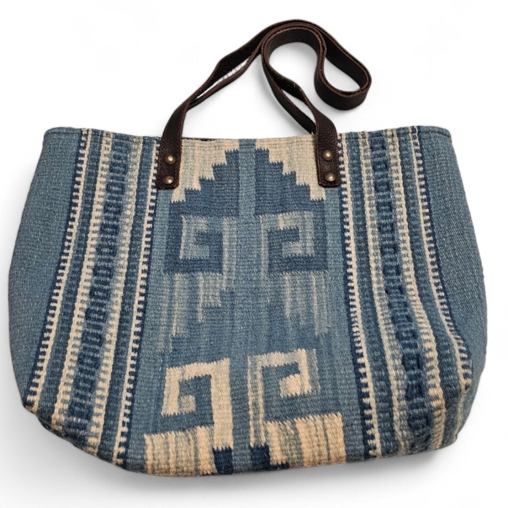Handmade Wool Blue and Cream Patterned Tote Bag